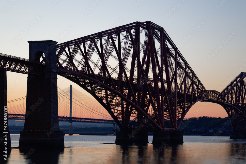 Forth Railway bridge details, silhouetted after sunset