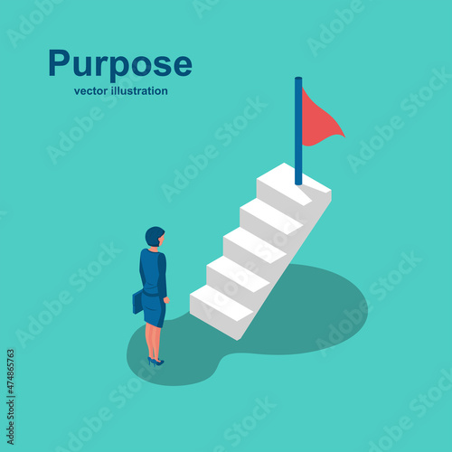 фотографія Purposeful businesswoman on stairs goes to flag