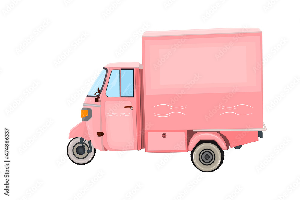 Pink van isolated on white background. Vintage delivery car. Cartoon little truck. Small rosy cargo auto. Retro mini lorry side view. Cute ice cream waggon.Old commercial transport.Vector illustration