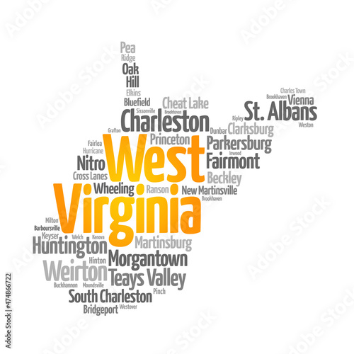 List of cities in West Virginia USA state, map silhouette word cloud, map concept background #474866722