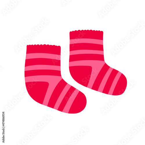 Paire of striped red and pink knitted socks. Flat vector illustration isolated on white.