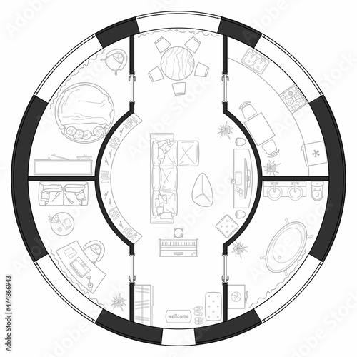 Plan of a round house with furniture layout. Interior drawing in black and white, top view. Architectural set of standard symbols for apartment and house projects. Vector icon set