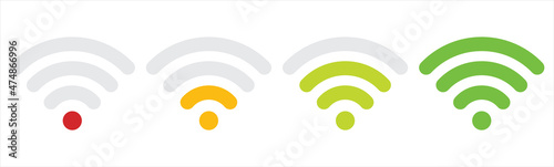Wifi icon. Wireless internet connection signal. Wi-fi signal symbol green, orange, red. Remote internet access vector illustration.