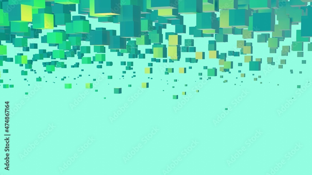 Green and yellow flying matt cubes 3d render background. Ai data protection concept for tech company, business, web development.