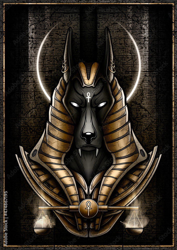 Egyptian God - Jackal close-up against the background of a stone slab with cracks and hieroglyphs. Anubis - Guardian of the scales on the trial Osiris in the kingdom of the dead in a golden armor. - obrazy, fototapety, plakaty 