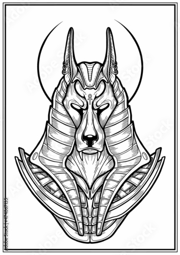 Isolated bust of a dark jackal in a crown and armor. Ancient Egyptian God - Anubis close-up, guardian of the scales on the trial Osiris in the kingdom of the dead without a background, line art.