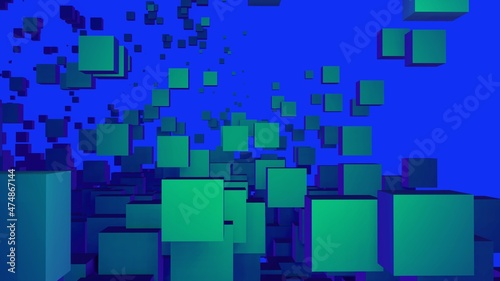 Green and blue flying matt cubes 3d render background. Ai data protection concept for tech company, business, web development.