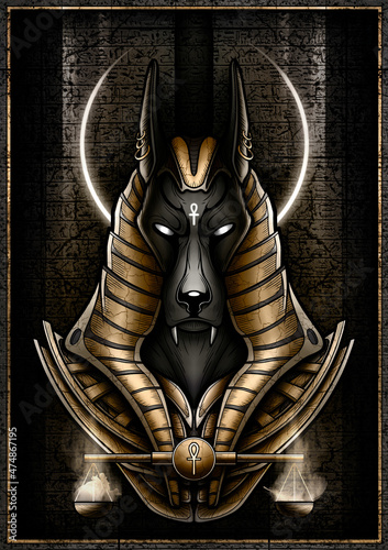 Foto Egyptian God - Jackal close-up against the background of a stone slab with cracks and hieroglyphs