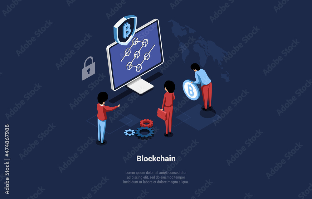 Blockchain Vector Illustration In Cartoon 3D Style On Dark Background. Conceptual Isometric Design. Bitcoin Trading, International Internet Currency, Modern Cryptocurrency, Business Strategy Scheme Blockchain Vector Illustration In Cartoon 3D Style On Dark Background. Conceptual Isometric Design. Bitcoin Trading, International Internet Currency, Modern Cryptocurrency, Business Strategy Scheme