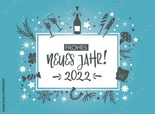 Canvas Print Neujahrsgrüße - Silvester Dekoration und deutscher Text auf türkisfarbenem Hinte