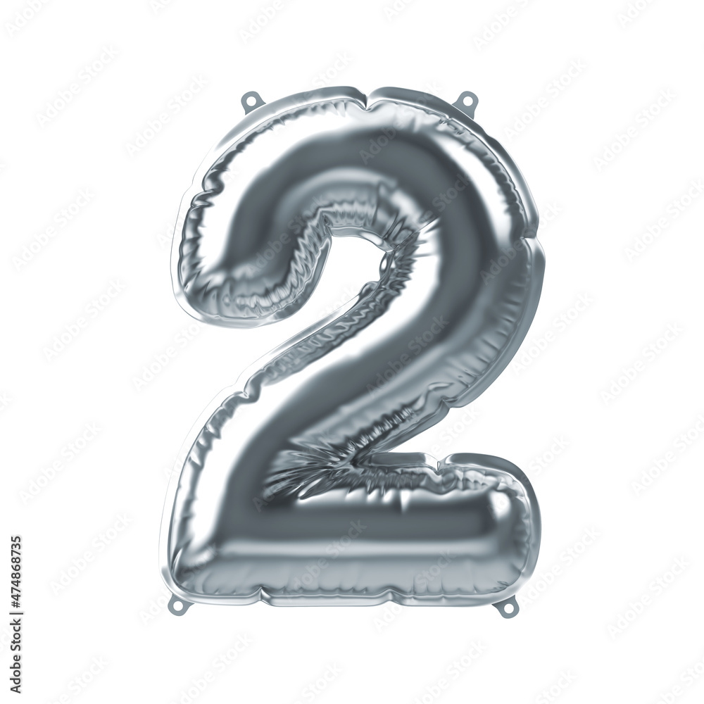 3D Render of Silver inflatable foil balloon 2 figure. Party decoration element. Gray number two isolated on white background. New year celebration postcard part. Graphic element sign for web design 3D Render of Silver inflatable foil balloon 2 figure. Party decoration element. Gray number two isolated on white background. New year celebration postcard part. Graphic element sign for web design