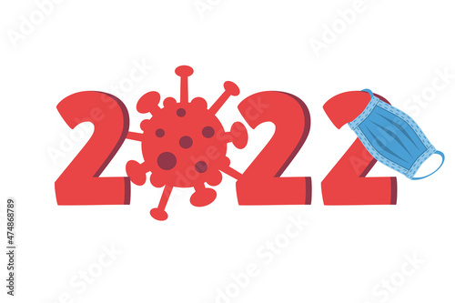 2022 covid. Happy New Year 2022. Vector illustration. Isolated on white background. Coronavirus bacterium with numbers. Quarantine and medical mask.