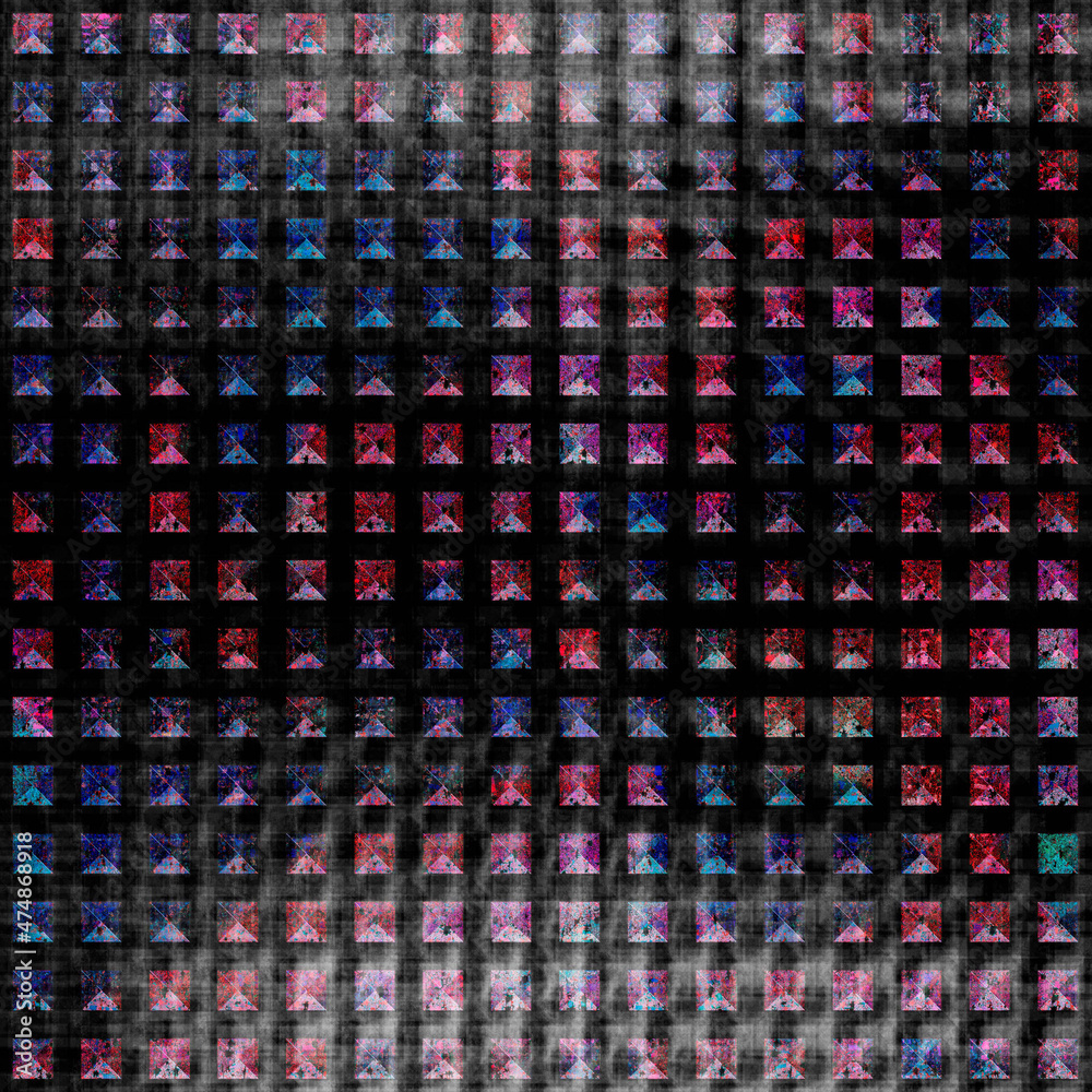 Obraz premium Backgrounds scrapbooking and digital creativity. Pixels in the form of a set of squares. A grid of tiles. Stylization of precious stones. Sparkling facets on the dark. Colorful texture.Packaging paper