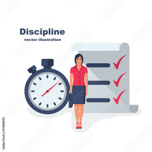 Self discipline concept. All deal and tasks are completed. Vector illustration flat design. Isolated on white background. Control management character. Modern woman controlling himself.