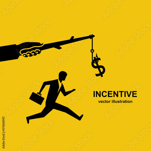 Incentive concept. Business metaphor. Personnel management leadership. Motivate people. Big hand holds gold coin on stick, businessman running for bait. Vector illustration flat design. Attract earn.