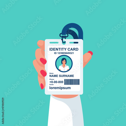 Businesswoman show identification card in hand. With permit. ID Card icon. Vector illustration, flat design style. Personal identification. Access control. Sign id card. Personal document in hand.