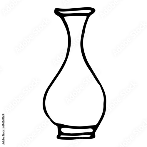 the vase icon. a hand-drawn home interior element, an empty vase, a side view with a narrow neck for doodle-style flowers, an isolated outline of black on white for a design template.