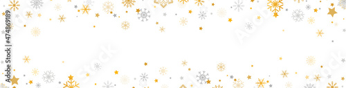 Golden and silver snowflakes border with different ornament. Snowflake and star falling on white background. Luxury Christmas garland frame. Winter ornament for packaging  cards. Vector illustration