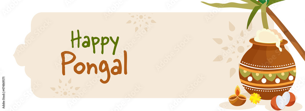 Happy Pongal Banner Or Header Design With Mud Pot Of Traditional Dish ( Pongal Rice), Lit Oil Lamp, Sugarcane On White Background. Stock Vector |  Adobe Stock