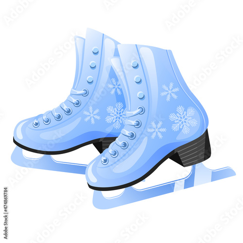 Blue ice figure skates decorted with snowflakes isolated on white. Winter sports symbol