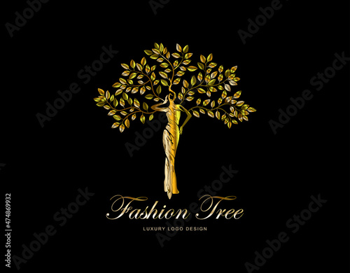 tree logo design inspiration. tree with woman shaped. in gold color