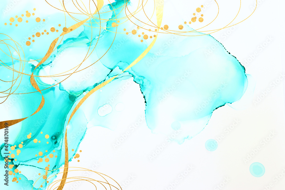 Obraz premium art photography of abstract fluid painting with alcohol ink, blue and gold colors