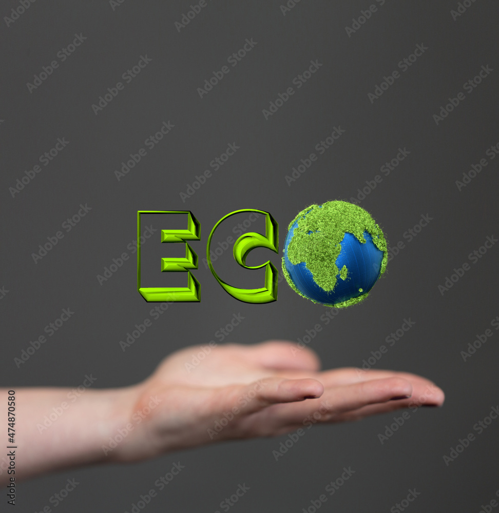 Eco word on the background of green leaves of carrots. plantation Eco word on the background of green leaves of carrots. plantation