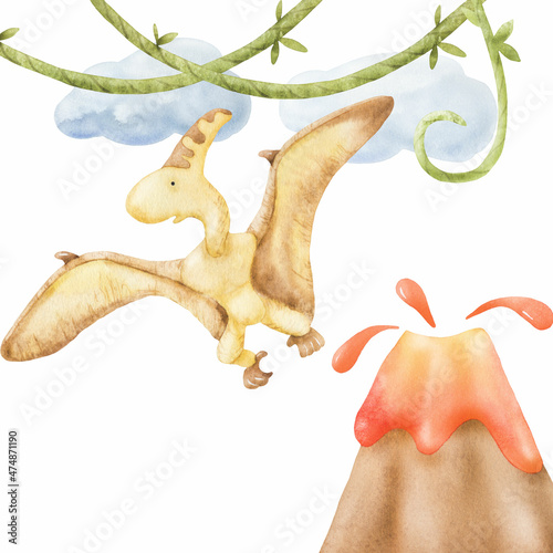 Watercolor illustration of a pterodactyl. Perfect for printing, web, textile design, souvenirs and other ideas.