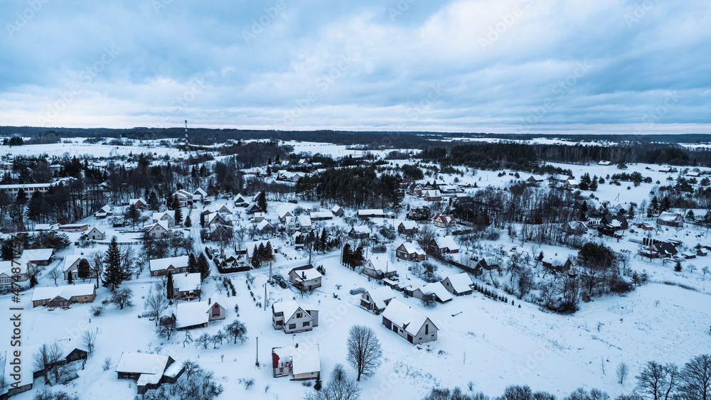 Tauragnai village from above during winter