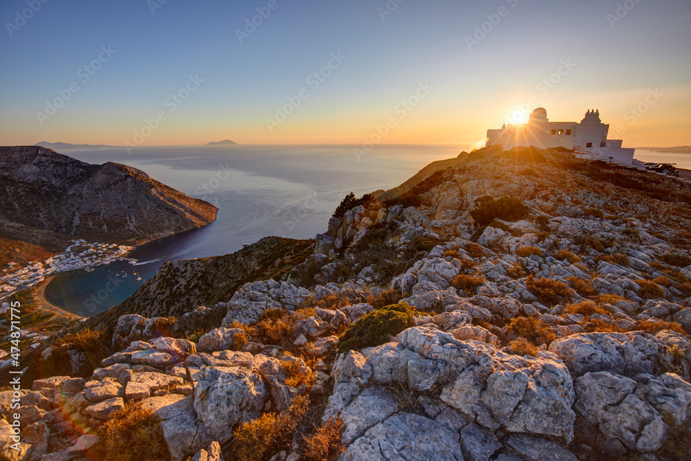 The temple of Agios Simeon and Kamares bay, Sifnos, Cyclades Island, Greece