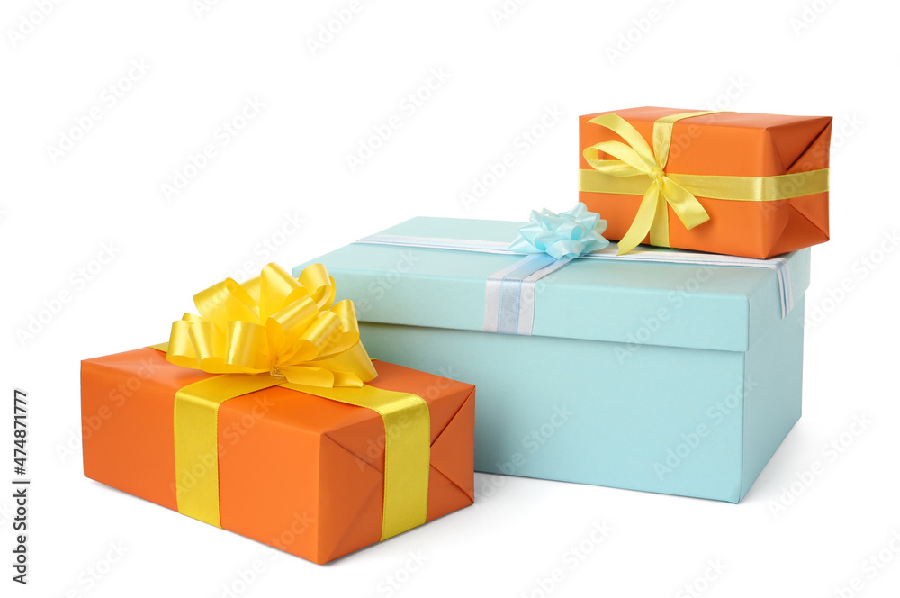 Colorful gift boxes with bows on white background Colorful gift boxes with bows on white background