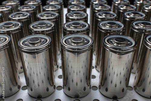 A consignment of new modern high-capacity lithium-ion cells. A prototype of new batteries on a laboratory table.