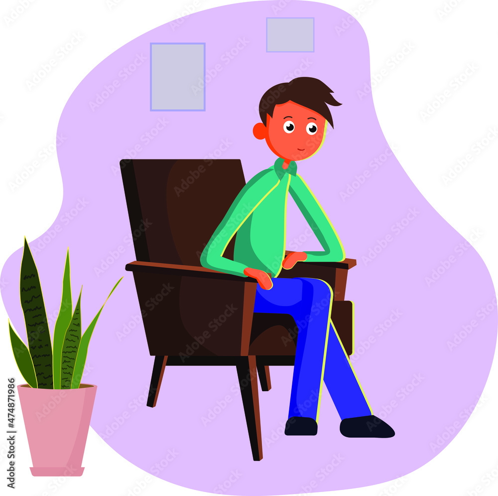 Vector flat character in room, watching TV, sitting on the chair.
