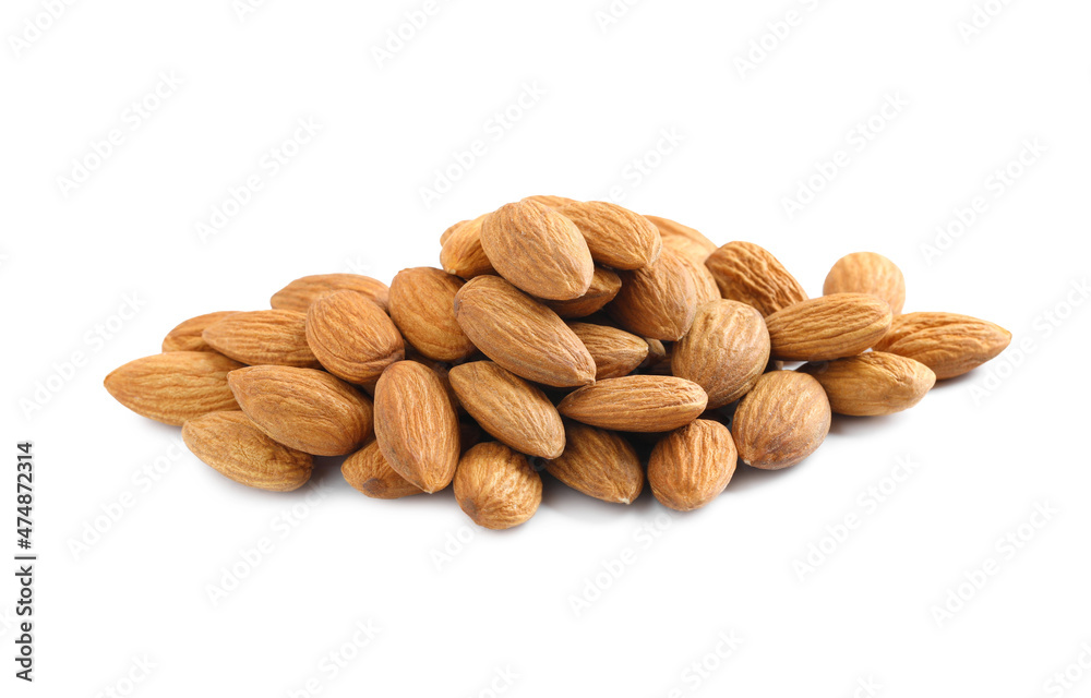 Pile of organic almond nuts on white background. Healthy snack