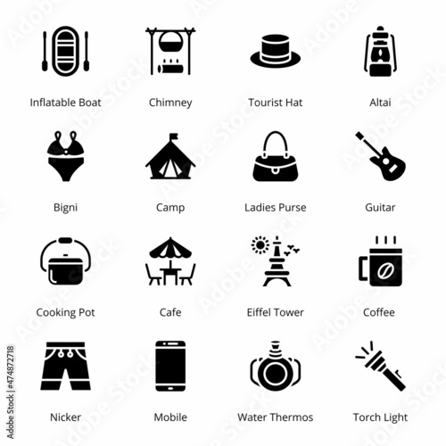 Traveling and Tourism Glyph Icons - Solid, Vectors