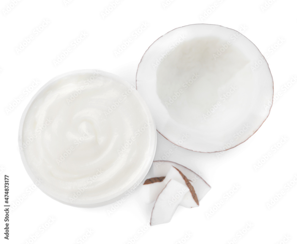 Jar of body cream with coconut on white background, top view Jar of body cream with coconut on white background, top view