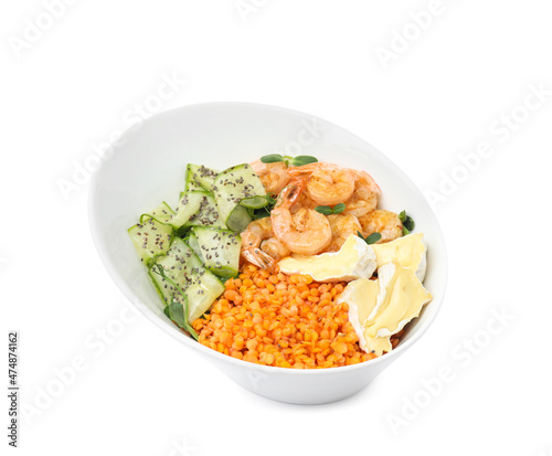 Delicious lentil bowl with shrimps, soft cheese and cucumber on white background