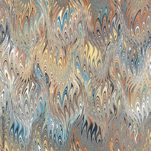 Seamless combed conch effect Turkish ebru marble surface pattern design for print. High quality illustration. Luxurious ancient art form. Wavy liquid fluid marbled book paper antique graphic design.