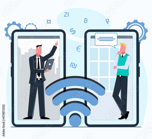Two business colleagues hold a video business conference over the phone via wifi flat vector illustration