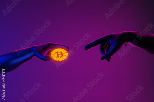 Bitcoin creation. Reproduction concept for creating Adam with cryptocurrency. 3d image.