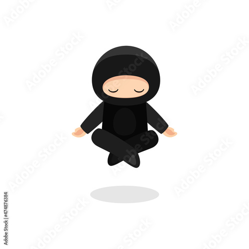 Cute ninja levitating meditating isolated on white background