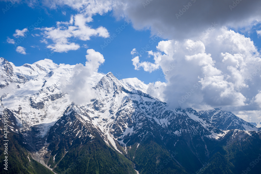 The Mont Blanc Massif in Europe, France, the Alps, towards Chamonix, in summer, on a sunny day.