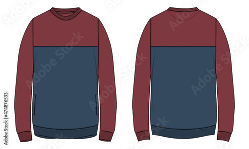 Two tone Navy blue, red Color Long sleeve Oversize Body with pocket Sweatshirt fashion Flat Sketch technical drawing vector template For men's. Apparel dress design mockup CAD illustration.
