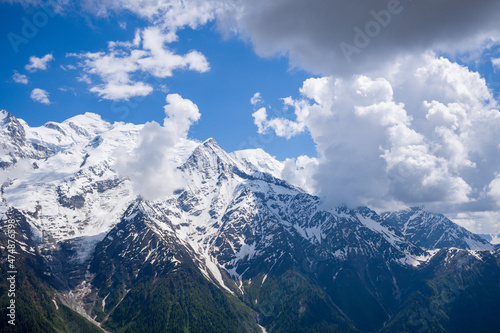 The Mont Blanc Massif in Europe, France, the Alps, towards Chamonix, in summer, on a sunny day.