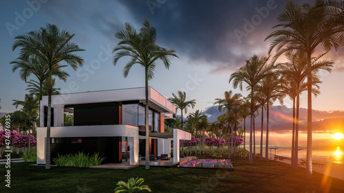3d rendering of modern cozy house with pool and parking for sale or rent in luxurious style by the sea or ocean. Sunset evening by the azure coast with palm trees and flowers in tropical island © korisbo