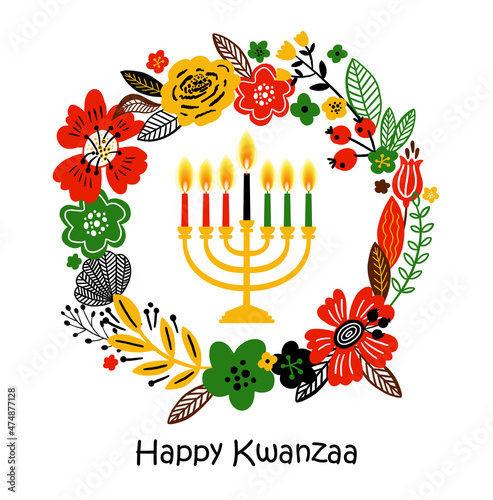 Banner for Kwanzaa with traditional candles representing the Seven Principles or Nguzo Saba. Lettering Happy Kwanzaa. Vector greeting card in wreath background.