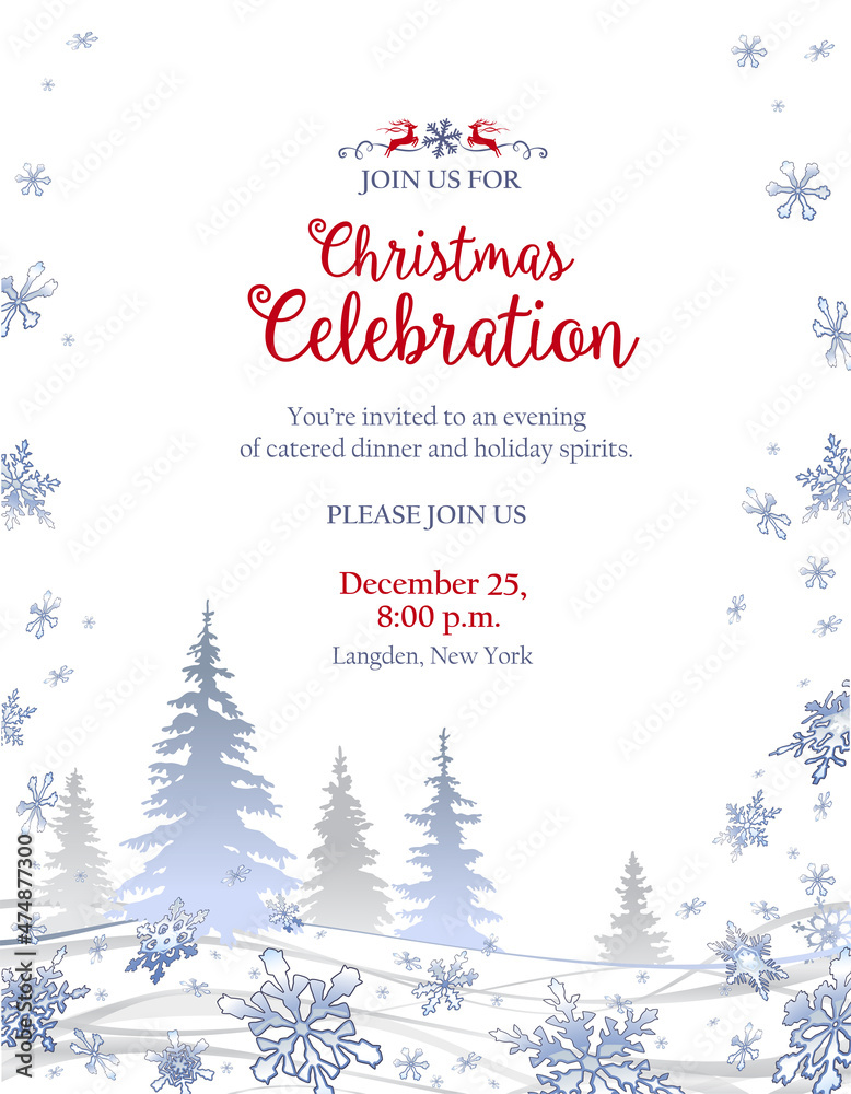 Winter festive invitation or greeting card, snow and Christmas trees Winter festive invitation or greeting card, snow and Christmas trees