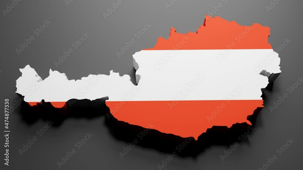 3d rendering of an Austria map in Austrian flag colors on black background. 4K Video motion graphic animation. 3d rendering of an Austria map in Austrian flag colors on black background. 4K Video motion graphic animation.