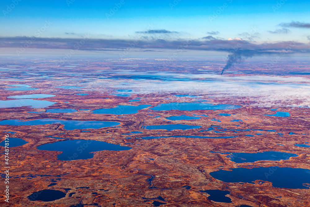 Air photo of tundra in autumn, Yamal, Western Siberia. - obrazy, fototapety, plakaty 