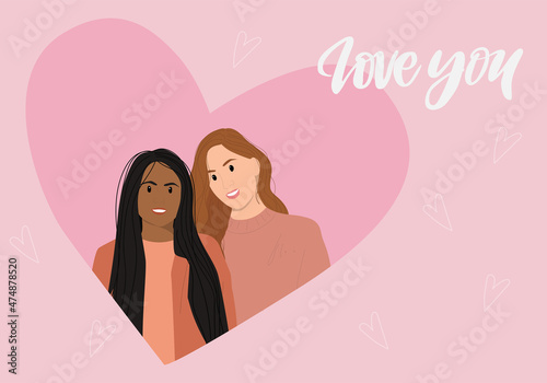 Women in love. Valentines card. Lecbian couple embracing each other. Vector illustration